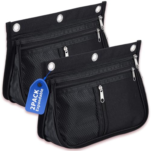 Sooez Pencil Pouch for Binder, Expandable Zipper Pencil Pouch, Fabric Pencil Pouches Binder Pockets, Large Capacity Binder Pouch, Pencil Case for 3 Ring, Black, 2 Pack - color: Black & Black