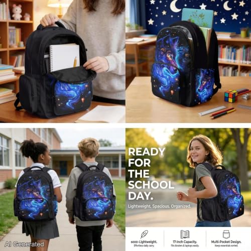 Galaxy Wolf Backpack for Boys Girls Backpack with Lunch Box Water Bottle Pouch and Soft Pencil Case 4PCS Set Cute Bookbag with Front Pocket 17" Large School Bag for Graduation Season Gift - color: Cool Galaxy Wolf