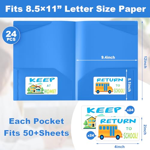 Henoyso 24 Pack Take Home Folders with 2 Pockets and Tabs, Plastic Classroom Communication Homework Folder School-to-Home with Clear Front Pocket for Students Parent Teacher Connector (Blue) - color: Blue