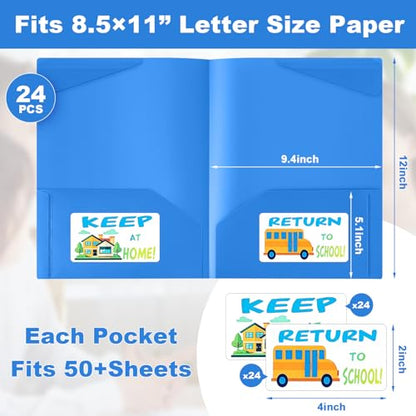 Henoyso 24 Pack Take Home Folders with 2 Pockets and Tabs, Plastic Classroom Communication Homework Folder School-to-Home with Clear Front Pocket for Students Parent Teacher Connector (Blue) - color: Blue