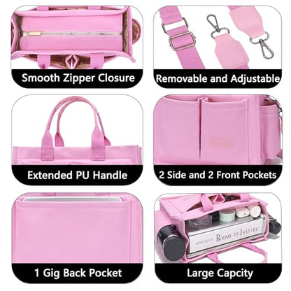 ZHMO Canvas Tote Bag for Women,Women's Bags Crossbody Bags Work Laptop Tote Bag Large Handbags Purse for Travel Nurse Teacher - color: New Upgrade Plus Pink With Compartments and Inner Cup Holders
