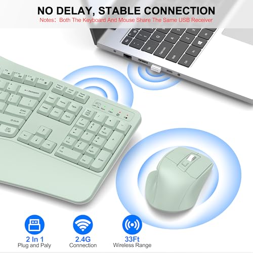 Wireless Keyboard and Mouse Combo, 2.4G Full Size Wave Keys Ergonomic Keyboard with Wrist Rest and 3-Level DPI Adjustable Wireless Ergonomic Mouse for Windows, Mac OS Desktop/Laptop/PC(Avocado Green) - color: Green