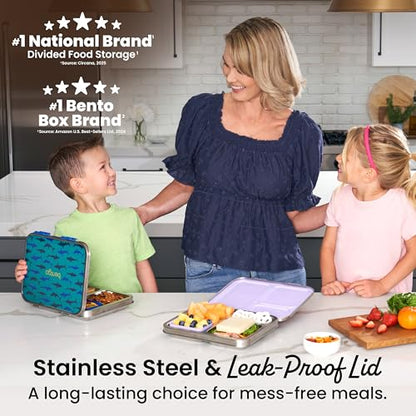 Bentgo Kids Stainless Steel Prints Leak-Resistant Lunch Box - 3-Compartments with Bonus Silicone Container, Durable, Eco-Friendly, Dishwasher Safe, BPA-Free, Ideal for School, Ages 3+ (Shark) - color: Shark