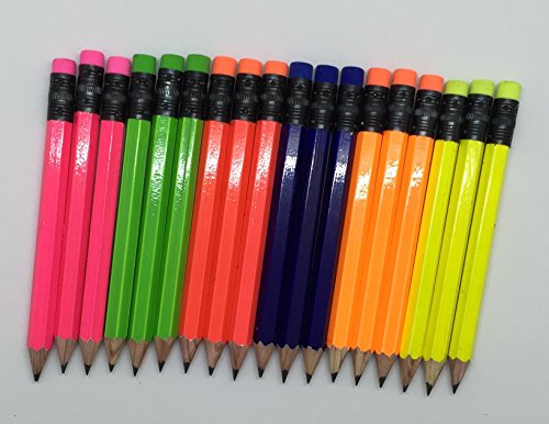 Half Pencils with Eraser - Golf, Pew, Short, Mini, Small. Church, Non Toxic - Hexagon, Sharpened, #2 Pencil, Color - (Assorted Neon Colors), (Box of 72) 1/2 Gross Golf Pocket Pencil ™