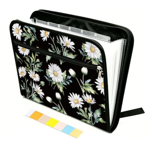 WEBEEDY 13 Pockets Daisy Expanding File Folder Dark Background Flower Expandable File Folder with Labels and Zipper, Portable Accordion Files Organizer for A4 Paper Document Photo Receipt Paperwork - color: Daisies