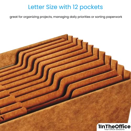 1InTheOffice Monthly Accordion File Organizer - Heavy Duty- Expanding File Folder, 12 Monthly Pockets File Organizer, Open-Top, Brown, Letter Size