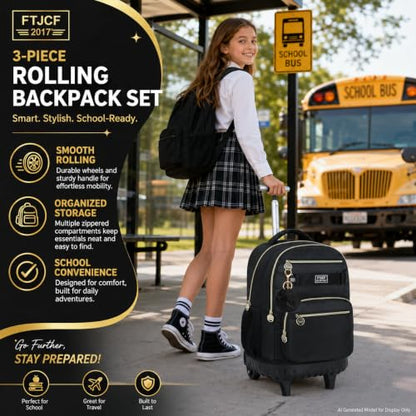 HPJGD 3PCS Rolling Backpack for Girls and Boys, Black School Backpacks with Wheels, Water Resistant Roller Wheeled Bookbag Set for Women Men - color: Classic Black Rolling Backpack Set