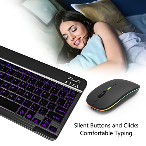 7 Color Backlit Bluetooth Keyboard and Mouse Combo for iPad A16 11th 10th Gen iPad Pro Mini Air iPhone, iPadOS 13 or Later, Slim Rechargeable Android Tablet Phone Wireless Mouse Keyboard (Black)