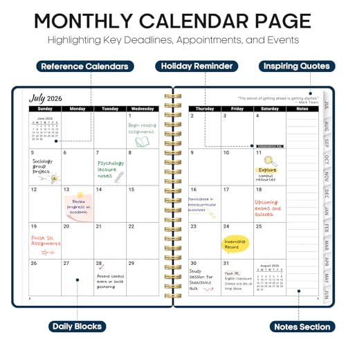 Planner 2026-2027, 6.3" x 8.5" Weekly and Monthly Academic Year Planner Calendar, July 2026 - June 2027, Hardcover Large School Planning Agenda With Tabs, Perfect for School & Office Supplies, A5, Navy Blue - color: F-Navy Blue, size: A5(6.3"x8.5")