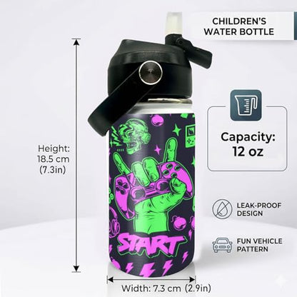 Gamepad Pattern Kids Water Bottle 12oz Stainless Steel Insulated Bottle Vacuum Leak Proof Straw Lid with Double Wall BPA Free School (Color5) - color: Color5
