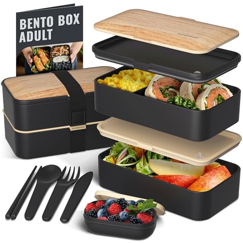 Bentoheaven Bento Box Adult, Stackable Lunch Box, 40 oz, Symph Onyx | BPA-free, leakproof and microwave-safe with 2 compartments, utensils, chopsticks, divider and sauce cup for men and women. - color: Symph-Onyx