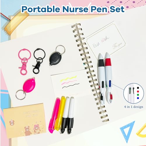 5 Pcs Nurse Accessories Pen Set, Nursing Essentials Include Badge Keychain Clip, Mini Highlighter, Permanent Marker, Ballpoint Pen and LED Keychain Flashlight, Black - color: Black
