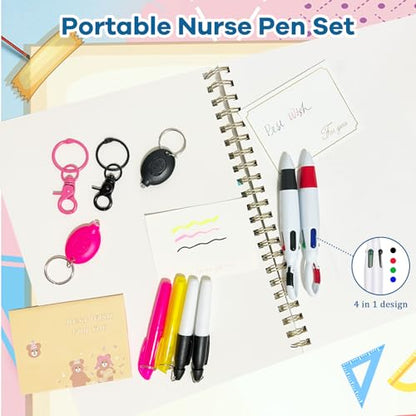 5 Pcs Nurse Accessories Pen Set, Nursing Essentials Include Badge Keychain Clip, Mini Highlighter, Permanent Marker, Ballpoint Pen and LED Keychain Flashlight, Black - color: Black