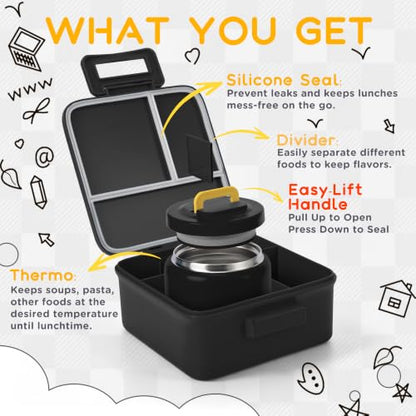 Bento Lunch Box for Kids with 8oz Thermo Containers for School,Camping | Vacuum Insulated Food Jar,Leakproof Silicone-Seal,5 Compartments with Dividers,Dishwasher & Refrigerator Safe,BPA-Free - color: Black