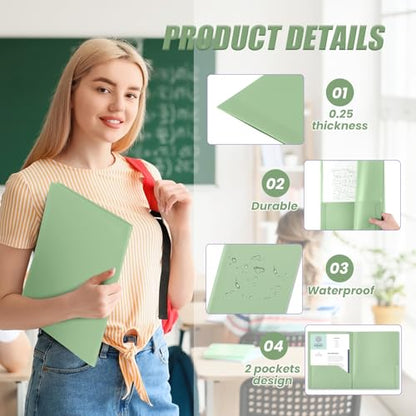Gueevin 72 Pack Plastic Folder with Pockets, 2 Pocket Folders, Plastic Glossy Folders Fit Letter Size Paper, Heavy Duty Durable File Folder with Business Card for Home Office School (Sage Green) - color: Sage Green