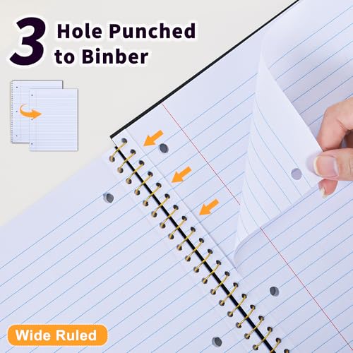 MUAHLIUB Spiral Notebook Wide Ruled Paper 8" x 10 1/2", 1 Subject Spiral Notebook, 3-Hole Punched Perforated Pages Ideal for School, Office, Writing, 95 Sheets Lined Journaling Notebook, Black - color: Black