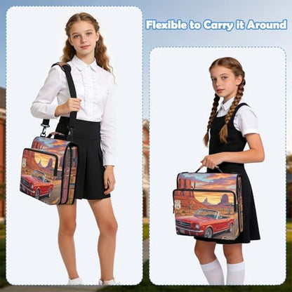 Retro Road 2inch 3 Ring Zipper Binder Multi-Pocket Storage Holds 14 Inch Laptop for Students and Office Use - color: Retro Road