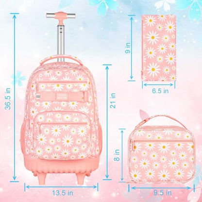 gxtvo Girls Rolling Backpack, Women Roller Bookbag with Lunch Box for Adults, Water Resistant Wheeled School Bag for College Teens Kids Travel - Pink Flower