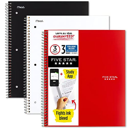 Five Star Spiral Notebooks + Study App, 3 Pack, 3-Subject, College Ruled Paper, 11" x 8-1/2", 150 Sheets, Black, White, & Fire Red (73393)