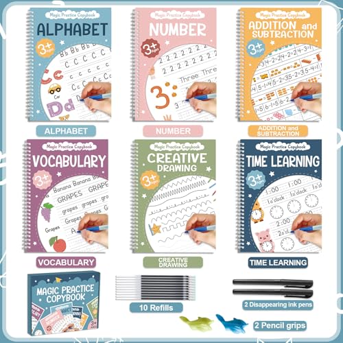 party greeting 6 Pieces Magic Grooved Writing Practice Copybook with Disappearing Ink Pens Reusable Grooved Handwriting Workbook Letter Tracing Books for Kids Kindergarten Preschool Supplies