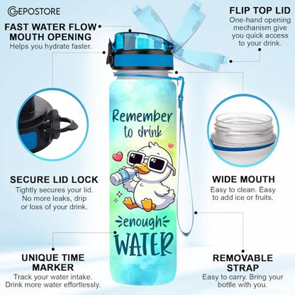 32 Oz Water Track Bottle, Remember To Drink Water, Water Bottle With Time Marker, Duck Motivational Insulated Water Bottle, Gifts For Family Friend, Birthday Gifts - color: Cute Duck