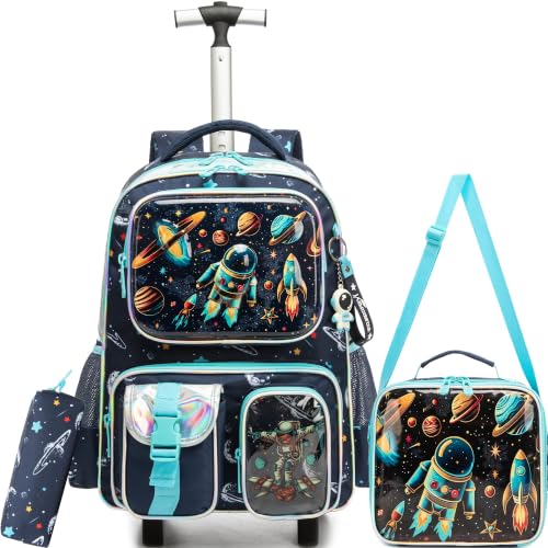 Kids Rolling Backpack for Boys Backpack with Wheels for Girls with Lunch Bag & Pencil Case Rolling Backpacks for Elementary Middle School or Travel Roller Backpacks - color: A Space