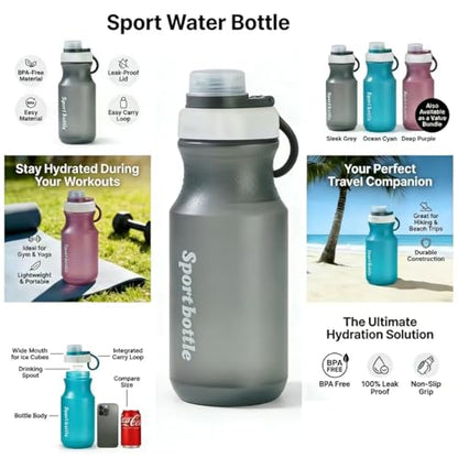 2 PCS Set Plastic Water Bottles, Sports Water Bottles with Leak-Proof Lid, Lightweight Reusable Water Bottles for Running,Gym, School, Travel, Leak Proof, BPA Free (Grey(13oz+20oz) - color: Grey(13oz+20oz）