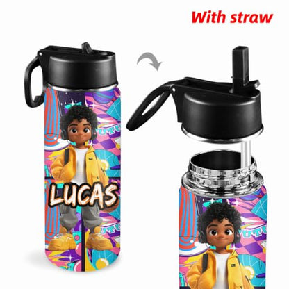 D-Story Personalized Kids Water Bottle with Straw Lid - 18 oz Leak-Proof Stainless Steel Insulated Flask, Back to School Birthday Gifts for Boys - color: Boy's Style