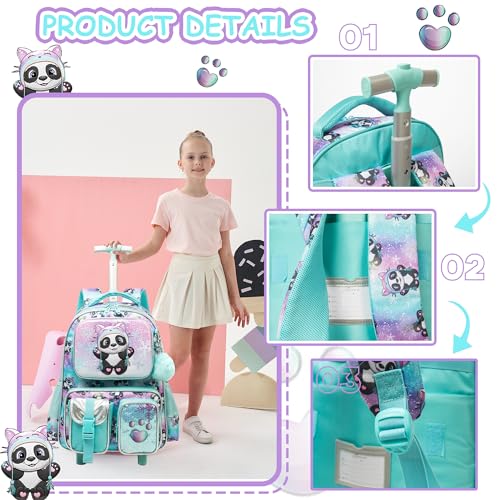 Meetbelify Kids Rolling Backpack with Wheels for Girls Rolling Backpacks with Lunch Box for Elementary School Students 3 in 1 Cute Panda Travel Luggage Suitcase for Girls Age 8-10 - color: Girl Panda