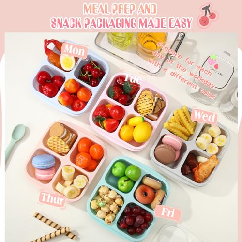 Honeydak 5 Pack Snack Containers 4 Compartment Bento Snack Boxes Reusable Lunchable Containers with Lids Divided Meal Prep Lunch Food Storage Box for School Work Travel(Macaroon,Equal) - color: Macaroon, style: Equal