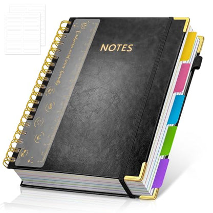 Hardcover Spiral Notebook Journal with Removable PVC Dividers - 8'' x 10'' Large 100 GSM Paper B5 Notebooks with Tabs, 300 Pages Leather 5 Subject Notebook College Ruled for Work School Notes, Black - color: Black