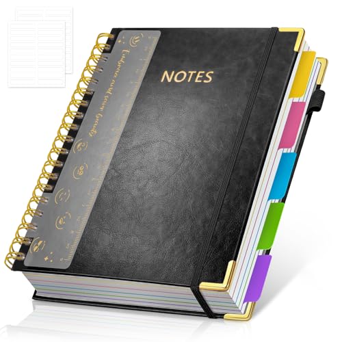 Hardcover Spiral Notebook Journal with Removable PVC Dividers - 8'' x 10'' Large 100 GSM Paper B5 Notebooks with Tabs, 300 Pages Leather 5 Subject Notebook College Ruled for Work School Notes, Black - color: Black