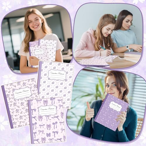 6 Pack Purple Bow Composition Notebooks, Cute Preppy Coquette Notebook, 9-3/4 x 7-1/2" Aesthetic College Ruled Journal, Back to School Gifts Preppy School Supplies, 110 Pages - color: Purple