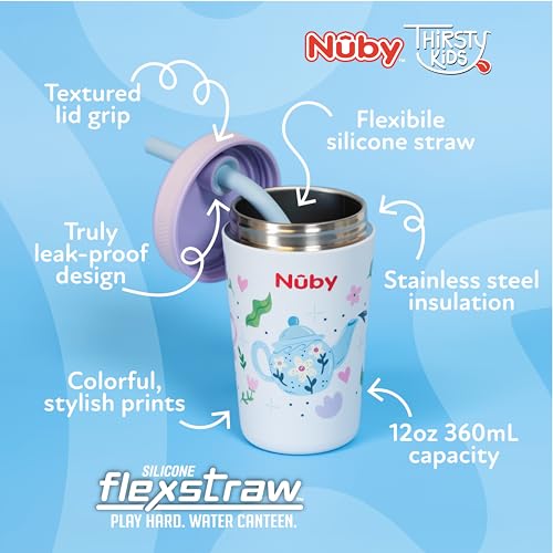 Nuby Thirsty Kids Insulated Toddler Cup with Silicone Flexstraw - 12 oz - Stainless Steel and Leak-Resistant - 18+ Months - Tea Pots - color: Tea Pots