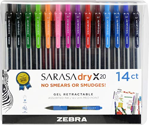 Zebra Pen Sarasa Dry X20 Retractable Gel Pens, 0.7mm Medium Point, Assorted Ink Colors with Rapid Fast Dry Ink Technology, Ideal for the Left-Handed, Eliminates Smearing in Seconds, 14-Pack (46824) - color: Fashion Assorted B