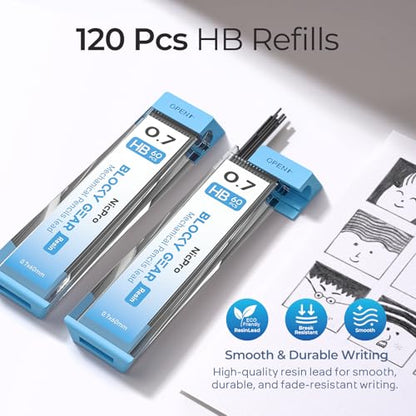 Nicpro 0.7 mm Mechanical Pencil, Metal Drafting Pencil with Eraser | 120 HB Lead Refills, Professional Drawing Pencil for Artists, Students, School, Writing, Sketching - size: 60 Count (Pack of 2)