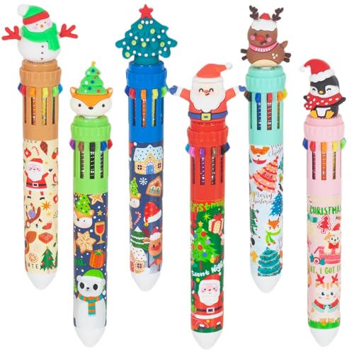 Cute Cartoon Christmas Multicolor Ballpoint Pen 0.7 mm, 10-in-1 Colored Pens Fine Point Retractable Ballpoint Pens for Office School Students Kids Birthday Christmas Gifts, 6 Pack - color: Christmas 6pcs