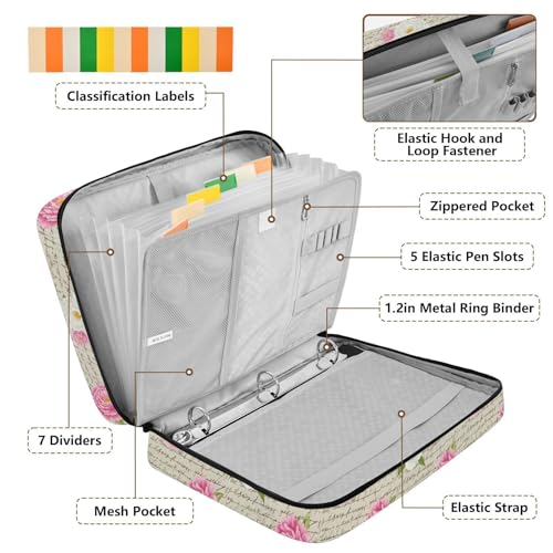 3-Hole Ring Binder Portfolio Case with 7-Pocket Expandable File Jacket Vintage Rose Binder Bag with Binder Pencil Pouch