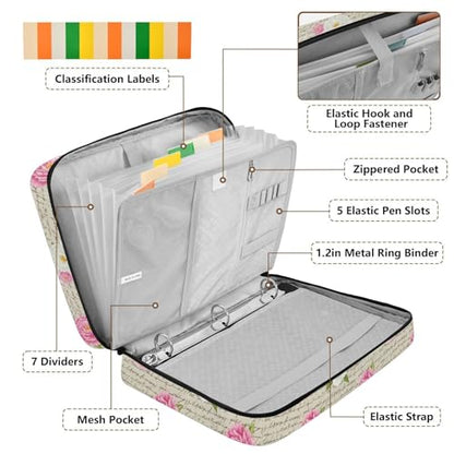3-Hole Ring Binder Portfolio Case with 7-Pocket Expandable File Jacket Vintage Rose Binder Bag with Binder Pencil Pouch