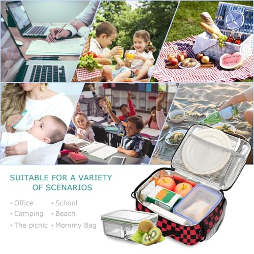 Custom Student Lunch Bag for Boys Girls Red Black Checkered Personalized Lunch Box With Name Insulated Cooler Bag for School Picnic Travel - color: Multi06
