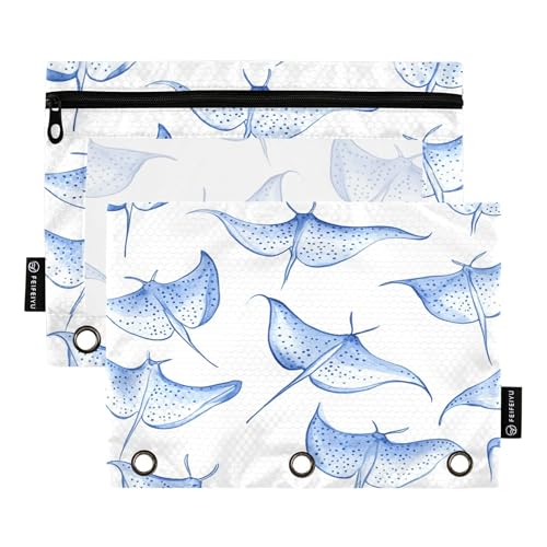 Manta Rays Blue Binder Pencil Pouch 3 Ring Clear Pouches with Zipper Pen Organizer for Office College School, 2 Pack - color: Multi-manta Rays Blue