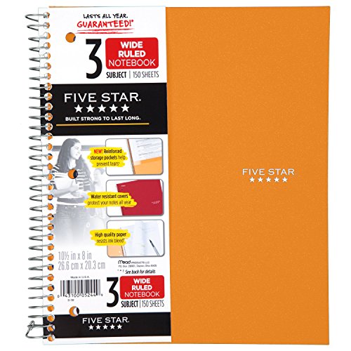 Five Star Spiral Notebook, 3 Subject, Wide Ruled Paper, 150 Sheets, 10-1/2" x 8" Sheet Size, Orange (38736) - color: Orange