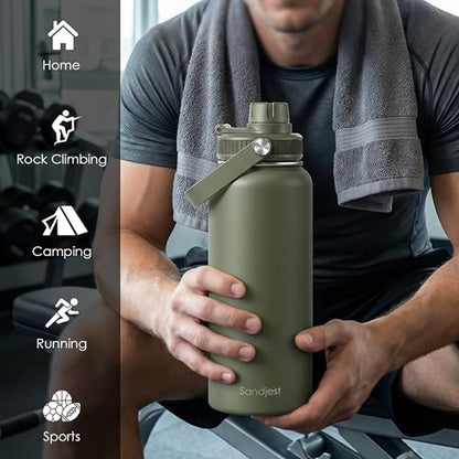 Insulated Stainless Steel Water Bottle 32oz, Vacuum Chug Lid Travel Tumbler for Men Friends Dad Brothers, Birthday Christmas Fathers Day (Olive) - color: Solid Color 2