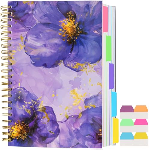 5 Subject Notebook College Ruled, A5 Spiral Notebook with Removable Pocket Dividers Tabs, Lined Organizer Notebook Journal for Women, 240 Pages Notebooks for Work School Note Taking, Purple Floral - color: Purple Floral