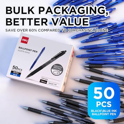 deli Pens Bulk, Ballpoint Pens 1.0MM, 25 Pack Black Ink & 25 Pack Blue Ink | Medium Point, Smooth Writing Retractable Pen with Soft Grip, No Bleed ,Fast Dry for Office School Home Use - color: Black&Blue, size: 50 PCS
