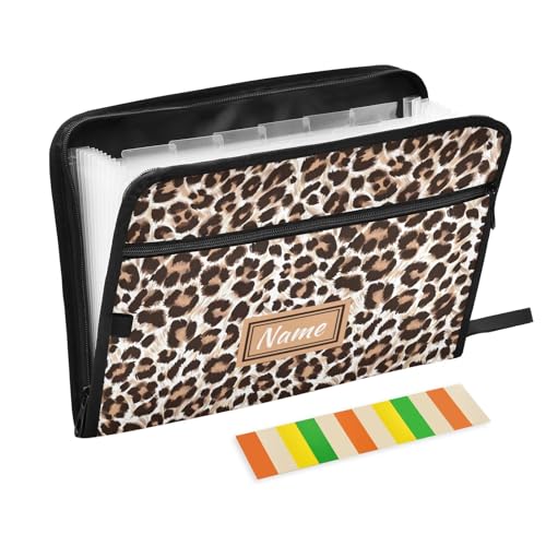 Leopard Cheetah Print Custom Expanding File Folder, 13 Pockets Personalized Name Accordion File Organizer with Sticky Labels Zipper Portable A4 Document Organizer for Home Office School Supplies - color: A6