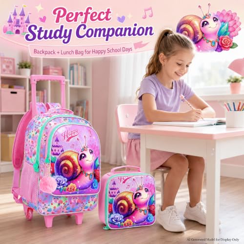 3Pcs Rolling Backpack for Girls, Snail Roller Bookbag with Lunch Box, Kids School Backpacks with Wheels for Elementary Preschool(Pink) - color: Snail Pink
