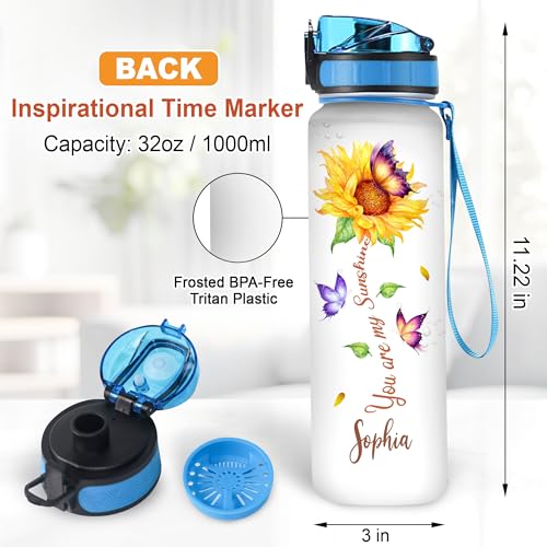 Hyturtle Personalized Sunflower Water Bottle - 32oz Motivational Water Bottle with Leak-Proof Lid & Time Marker - Custom Name Sunflower Gifts for Women, Girls Lovers On Birthday Christmas - color: Butterfly