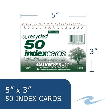 Roaring Spring Wirebound Spiral Bound Recycled Index Cards 3"x5", 50 Count, 100# White Paper, Narrow Ruled, Perforated, Blank on Back, Snag-proof (Pack of 1) - size: 3"x5" (Pack of 1), style: 50 Count