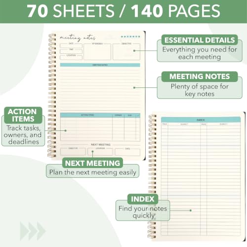 Mr. Pen- Meeting Notebook for Work, 6.9"x9.9", 140 Pages, Black | Spiral-Bound, Undated Work Notebook with Action Items & Meeting Notes, Office Supplies - color: Black